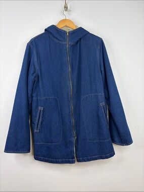 Color Me Cotton Jean Jacket Women Small Oversized Blue Denim Fleece Lined Hoodie